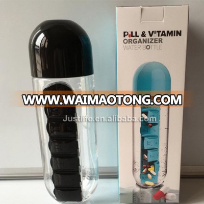 Capsule shape plastic water bottle weekly pill organizer